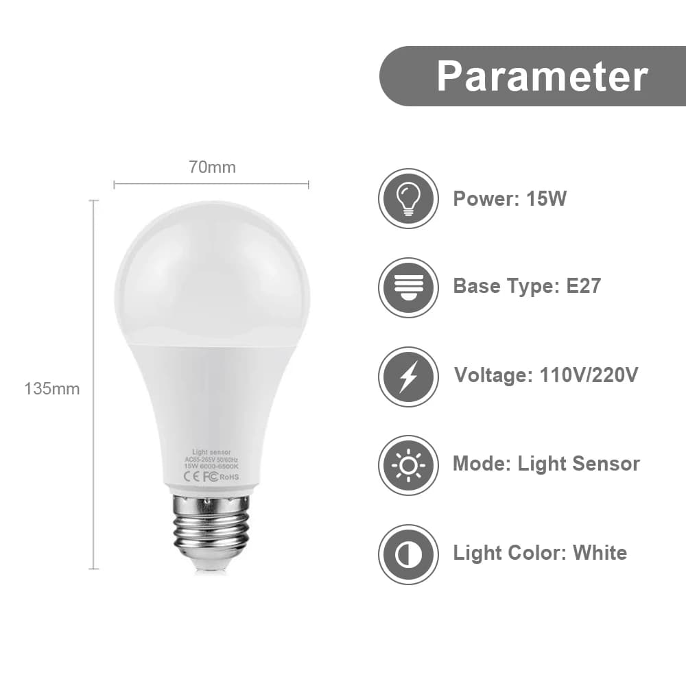 Ampoule LED E27 du crépuscule à l'aube, 15W, avec capteur de lumière, lampe intelligente, interrupte