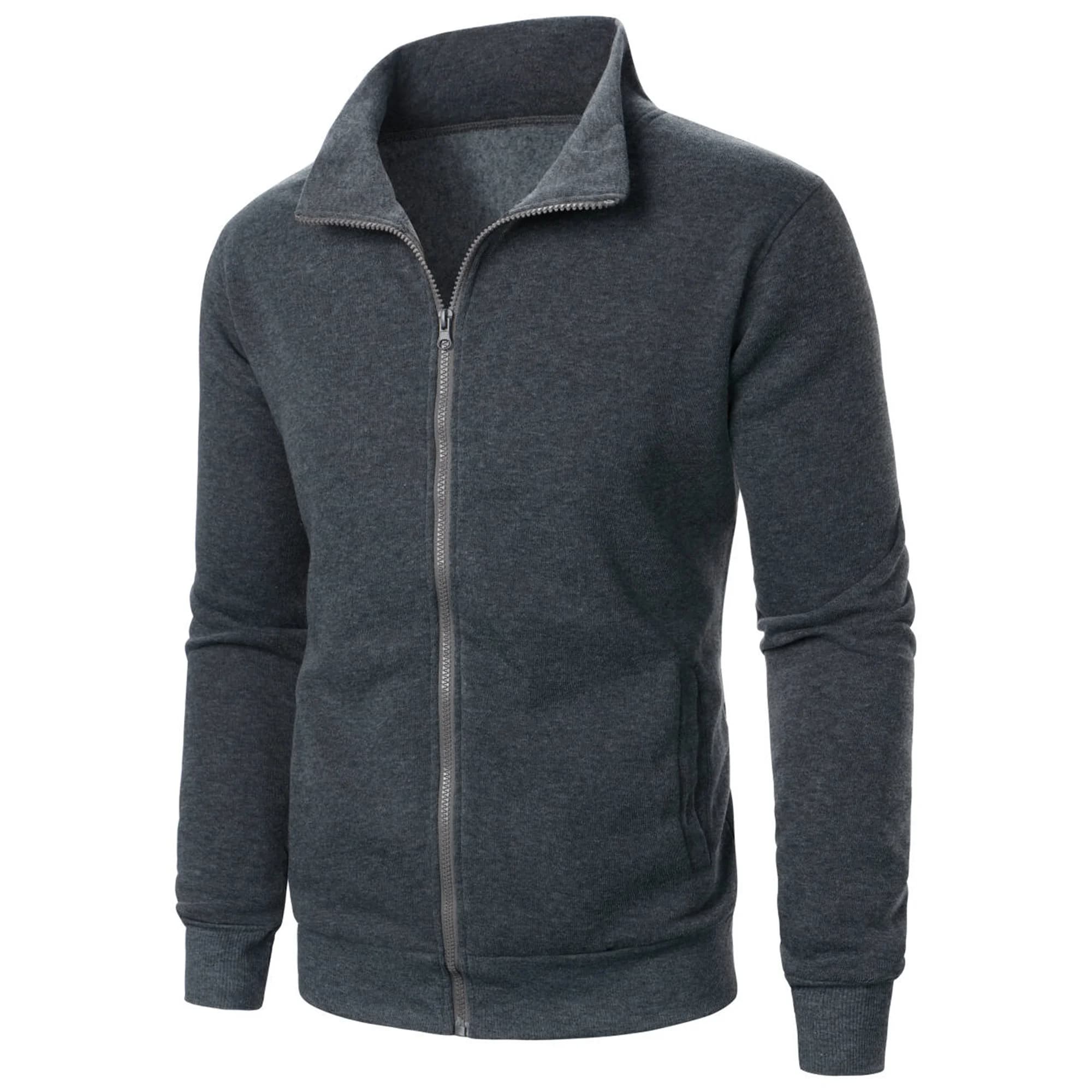 Veste de sport décontractée à col montant avec fermeture éclair pour hommes, haut de couleur unie po