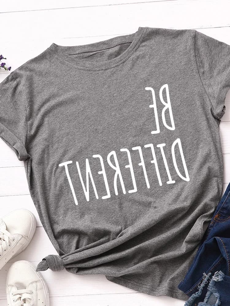 T-shirt manches courtes col rond femme, décontracté, avec lettres imprimées à l'envers, Be Different
