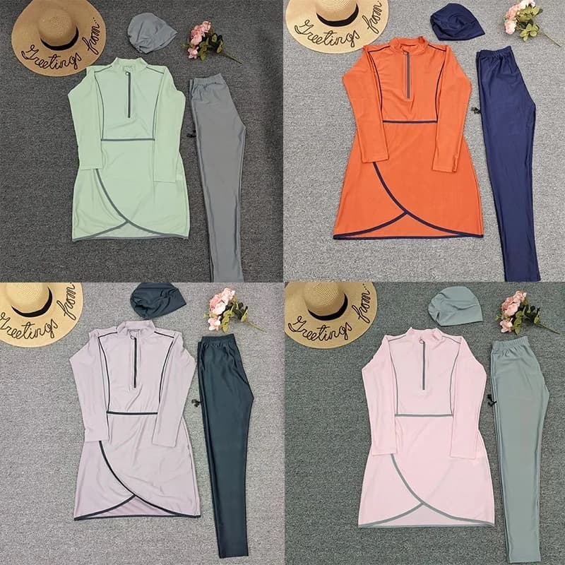 Maillot de Bain Musulman à Manches sulfpour Femme, Burkini, Turban, 3 Pièces