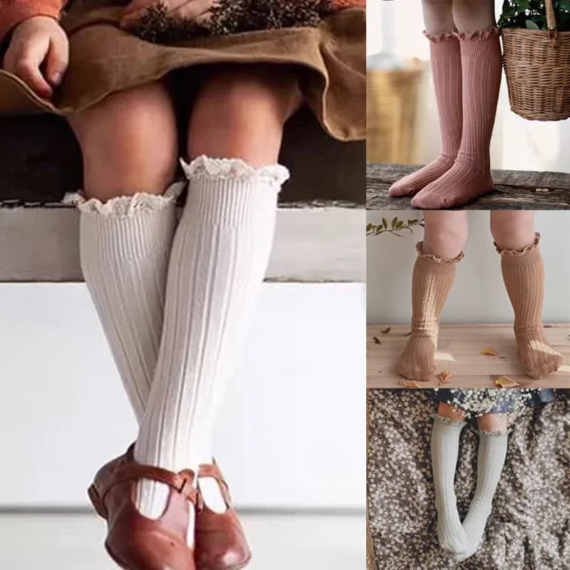 Chaussettes hautes à volants pour enfants, chaussettes longues en coton doux pour tout-petits, unifo