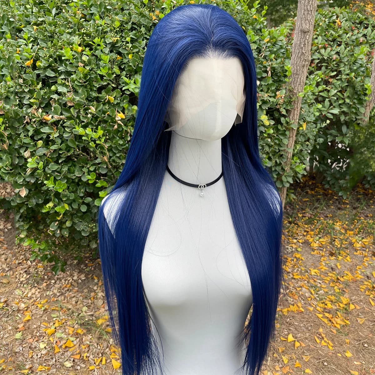 Perruque Lace Front Wig synthétique bleu foncé 13x4, 26 pouces, longue et lisse, nouée à la main, de