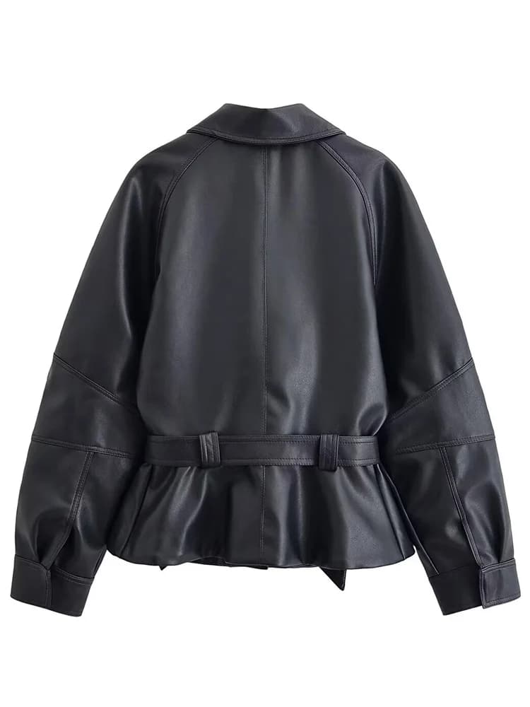 HH Vintage – Vestes noires en similicuir PU pour femme, avec ceinture, manches longues, col à revers