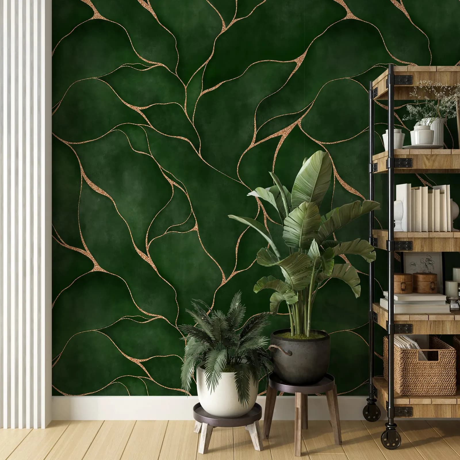 Papier peint mural feuilles d'aquarelle vertes, feuille abstraite avec ligne jaune (non métallique),