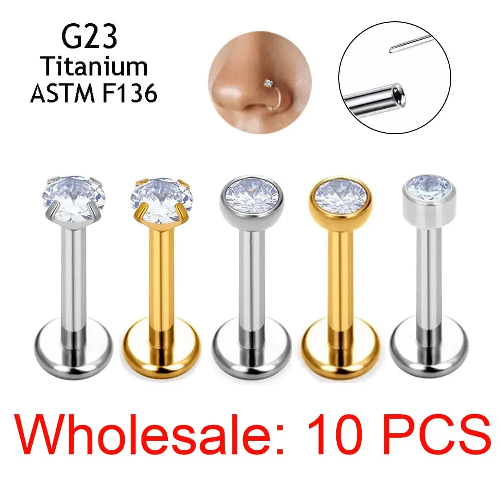 10 pièces clous d'oreille sans fil G23 titane nez PIERC punaise Labret lèvres anneaux boucles d'orei