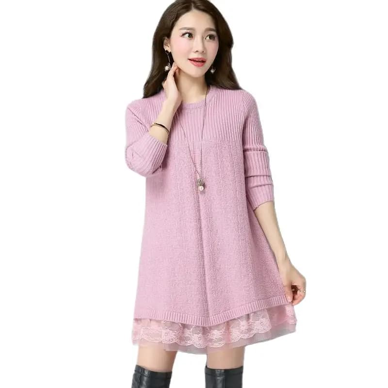 Robe pull à coutures en dentelle pour femmes, pulls à manches longues, pulls tricotés pour femmes, m