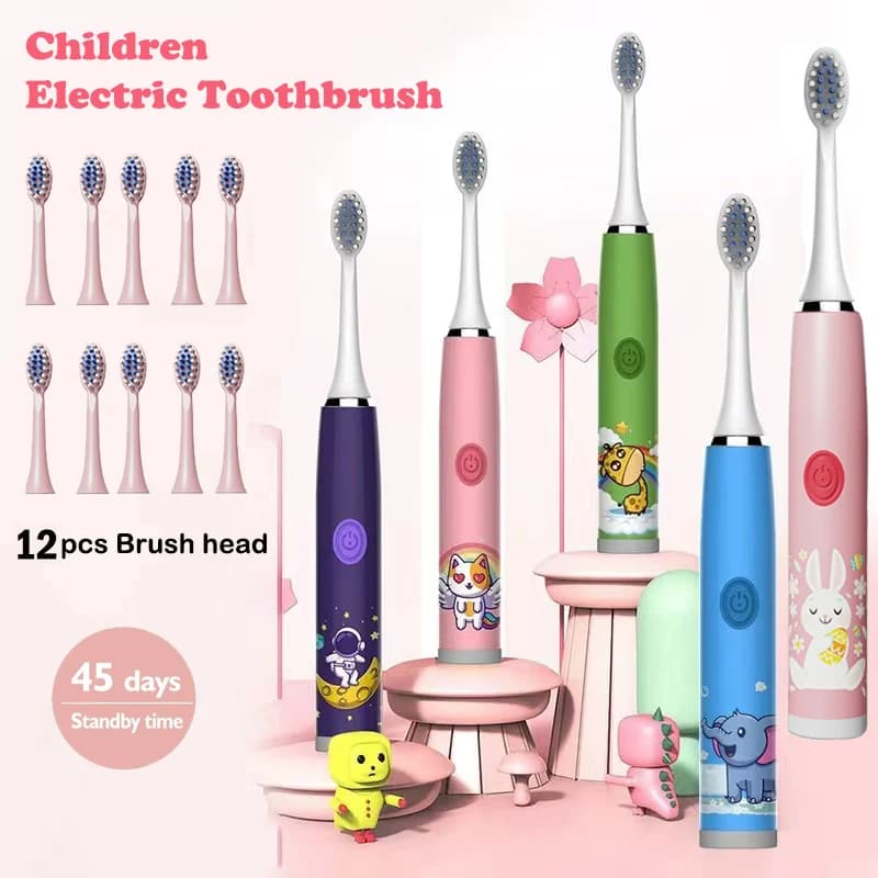 Brosse à dents électrique sonique pour enfants, dessin animé coloré, Rechargeable, fourrure douce, a