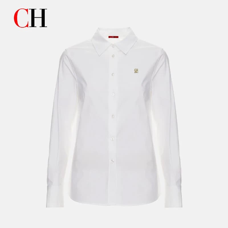 Chemise classique blanche boutonnée pour femme CH, manches longues, détail logo doré, chemisier form