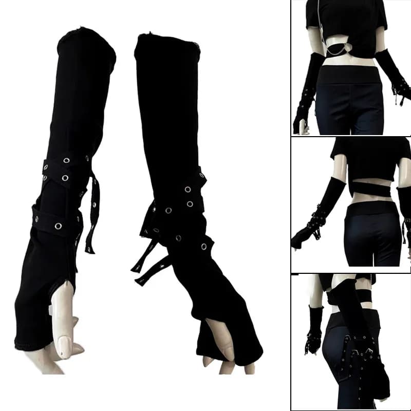 Mancommuniste gothiques noires unisexes, manchette de protection solaire, gants à demi-doigts Haraju