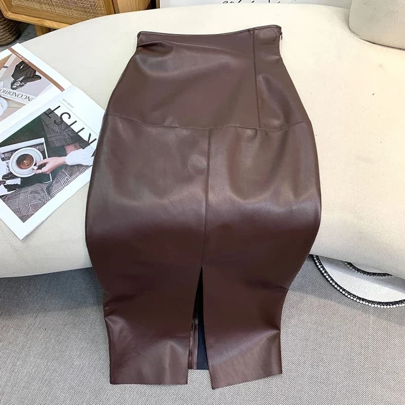 Jupes vintage en faux cuir PU pour femmes, jupes mi-longues sexy avec ourlet fendu, jupe sirène pour