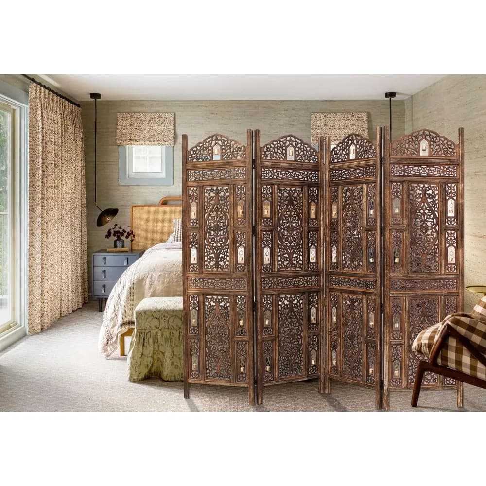 Écran pliant en bois marron antique à 4 panneaux avec cloches Ghanti, 72 x 80 - Séparateur décoratif