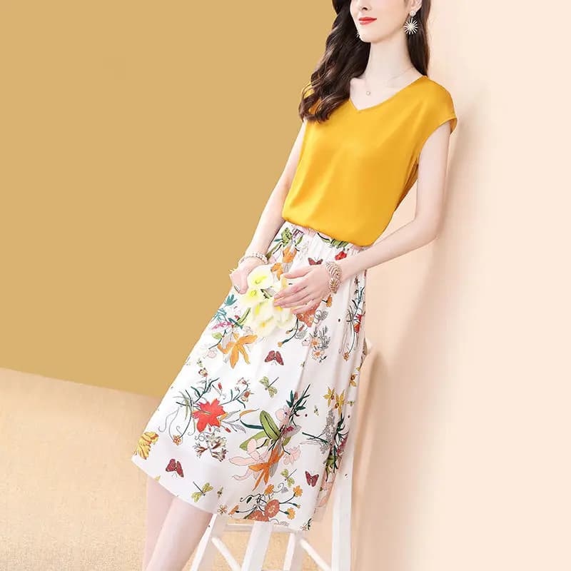 Ensemble 2 pièces élégant rétro pour femme, t-shirt et jupe florale trapèze, vêtements de bureau pou