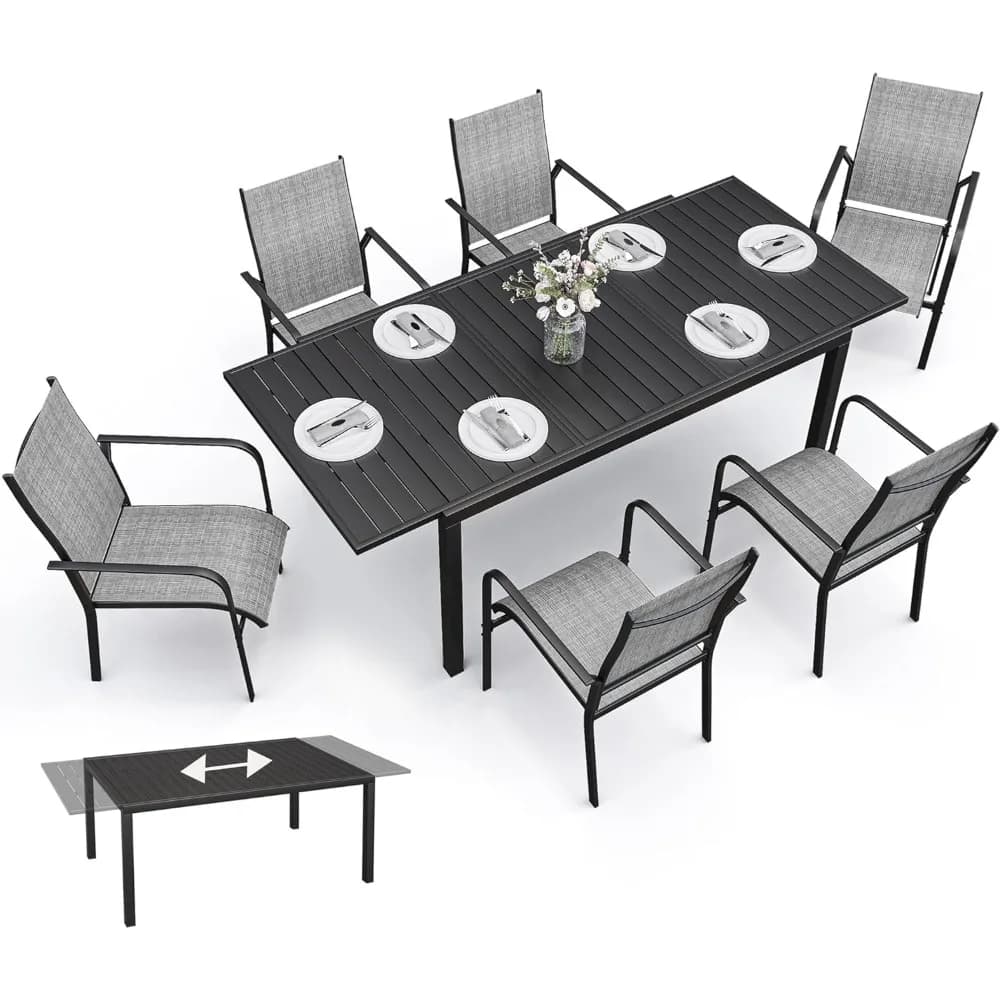 Ensemble de salle à manger de patio 7 pièces avec table rectangulaire extensible (38 "-84"), 6 chais