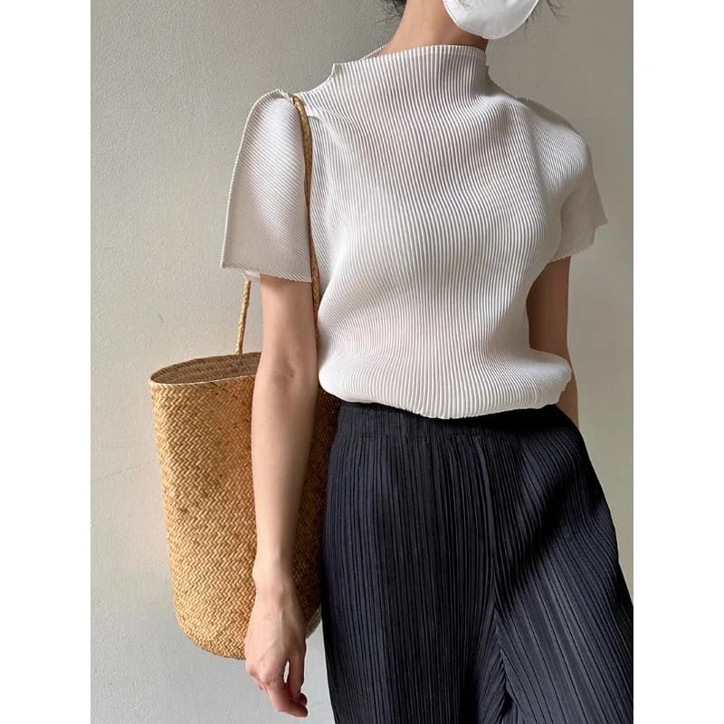 T-shirt à manches courtes plissé pour femme, haut blanc, col mi-haut, noir, mode adt, haute qualité,