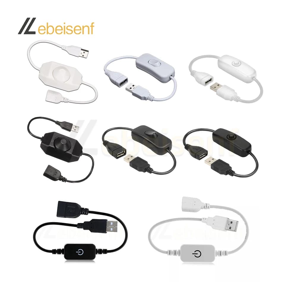 Câble USB mâle à femelle avec interrupteur marche/arrêt, bouton noir et blanc, contrôleur de variate