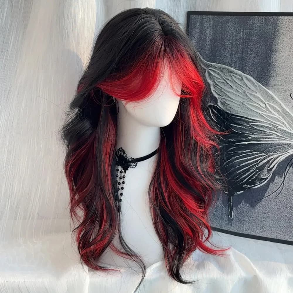 Perruque Synthétique Longue Ondulée Noire Ombrée Rouge pour Femme, Style Lolita Moelleux, Cosplay, P
