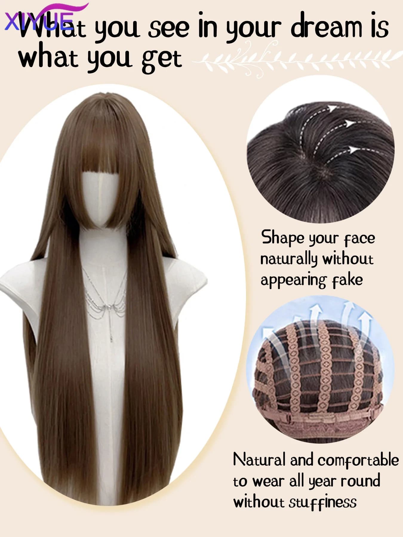 Perruque synthétique longue avec frange, coupe princesse, aspect naturel, longue perruque brune rési