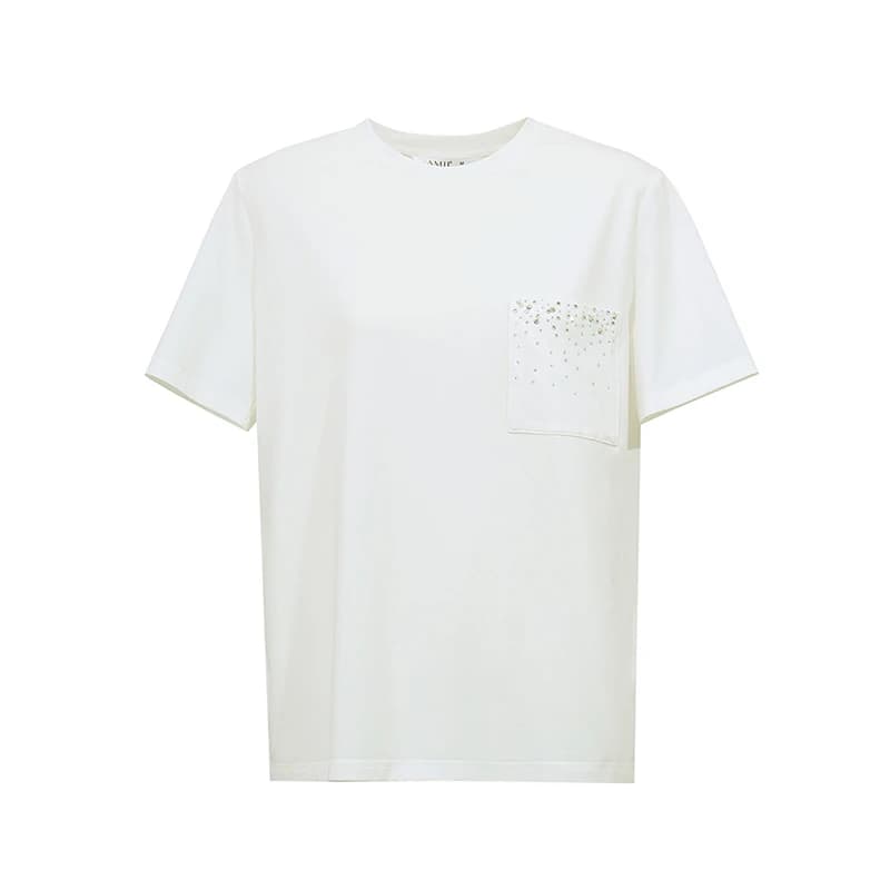 T-shirt Amii pour femme, nouvelle collection été 2026, col rond, en coton extensible, avec poche orn