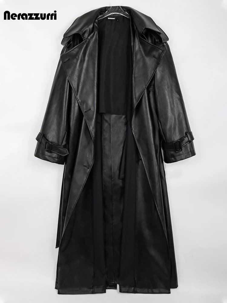 Nerazzurri – Trench-Coat en cuir Pu noir pour femme, Long, surdimensionné, ceinture Double boutonnag