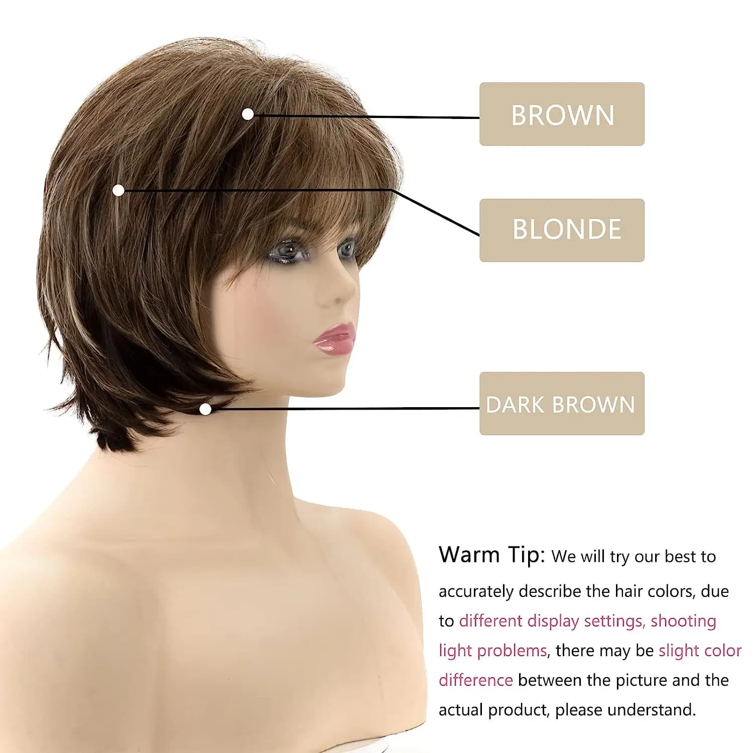 Short marron pour femmes blanches, coupe Pixie superposée avec reflets blonds, cheveux synthétiques 