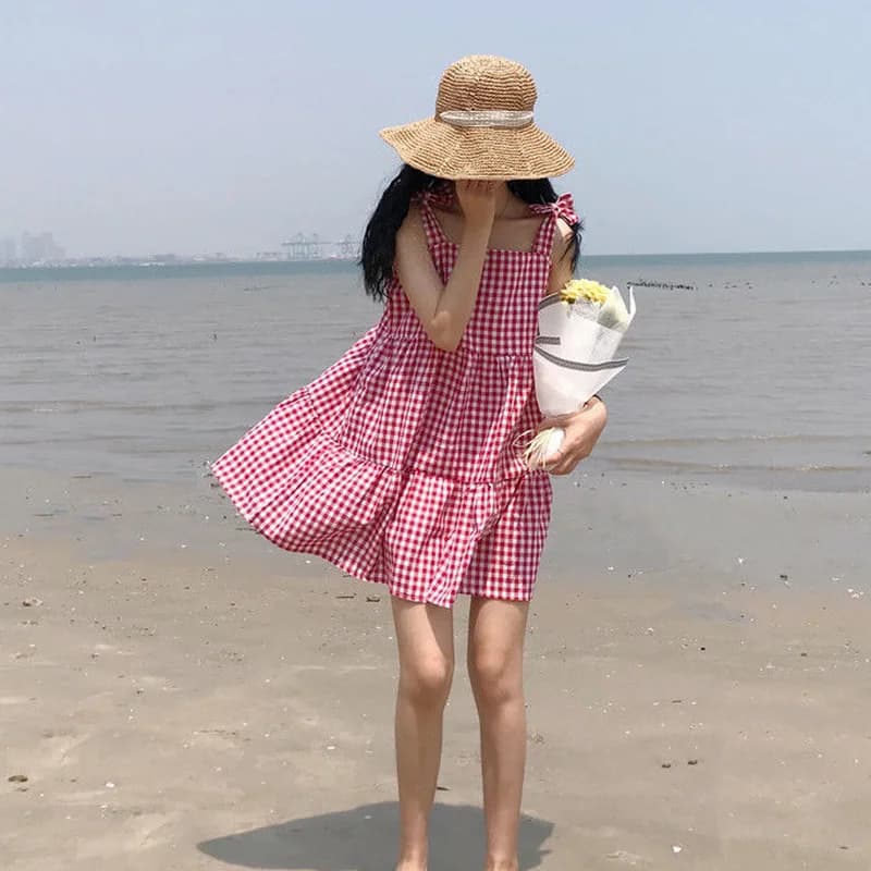 Robe à carreaux en fibre pour femmes, ceinture, design tout-assressenti, ligne A, robes de plage, mo