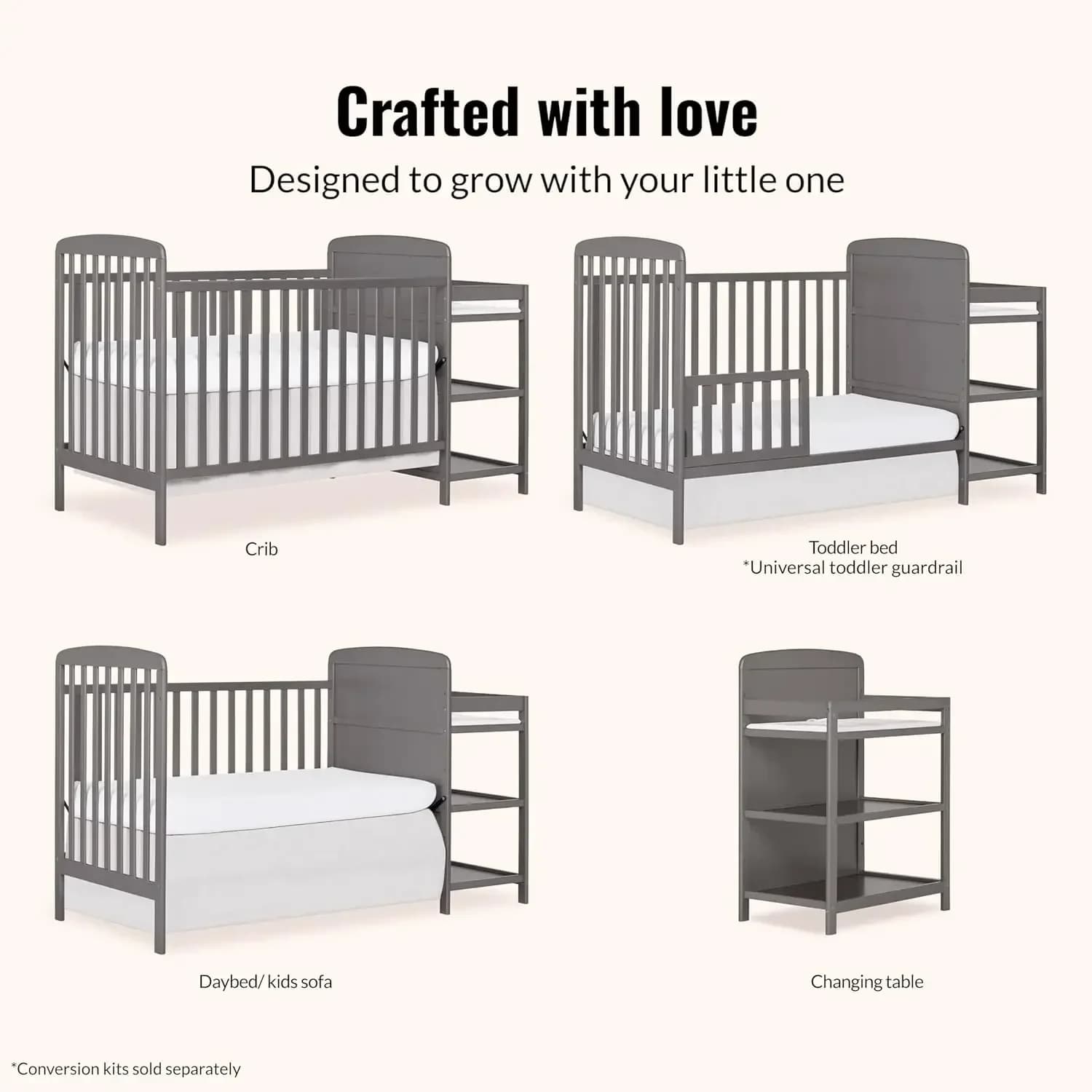 Best-seller [Prix réduit !] Lit bébé convertible 3-en-1 Anna avec table à langer et rangement, gris 