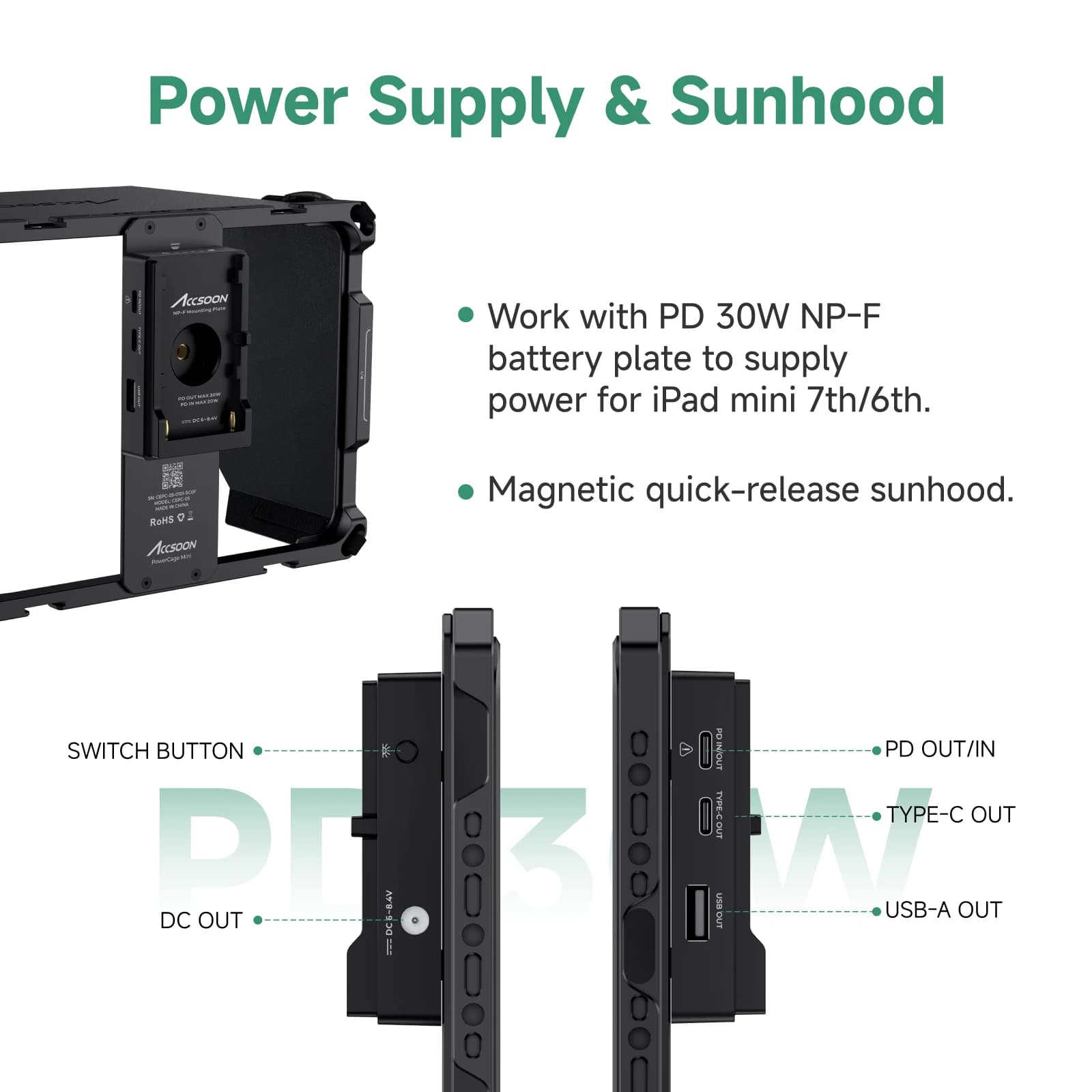 Accsoon PowerCage Mini pour Ipad Mini 6/7 A17pro Cage avec charge de batterie NP-F CEPC-05 1/4 "Goua