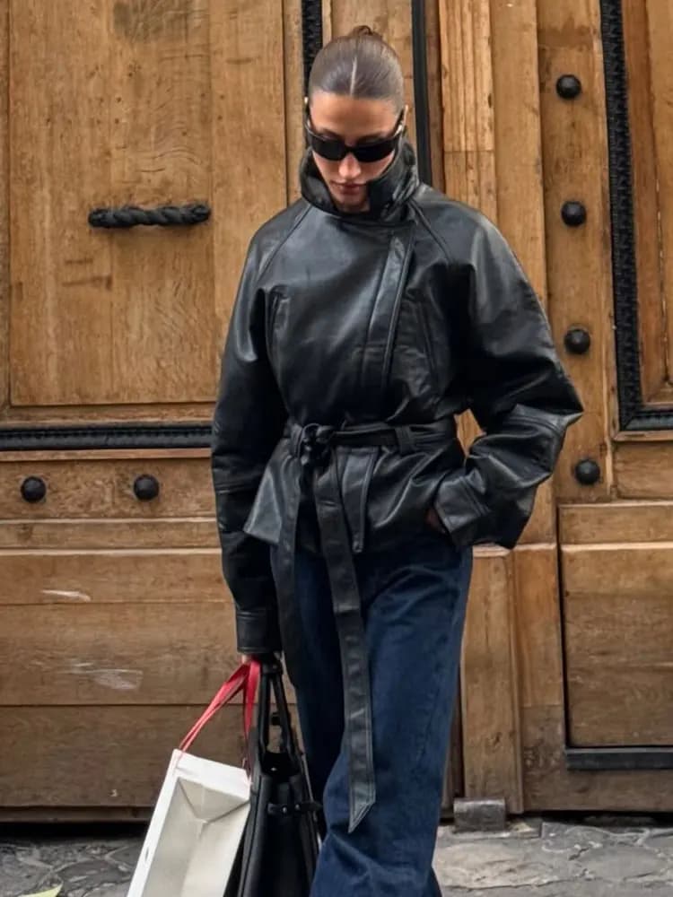 HH femmes mode noir court Faux cuir Trench manteau à manches longues revers veste avec ceinture Vint