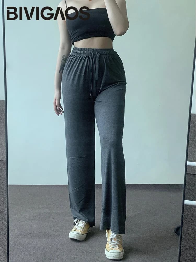 Femmes printemps été mince Modal jambe large pantalon élastique cordon extensible drapé gris taille 