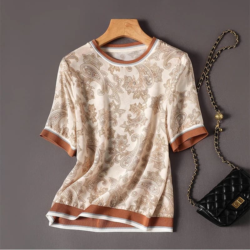 T-shirt à Manches Courtes en Mousseline de Soie pour Femme, Vêtement Élégant et Décontracté, de Haut
