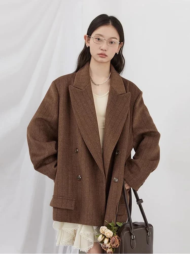 CHIC VEN-Blazer en laine vintage pour femme, veste à col en V, double boutonnage imbibé, manteau de 