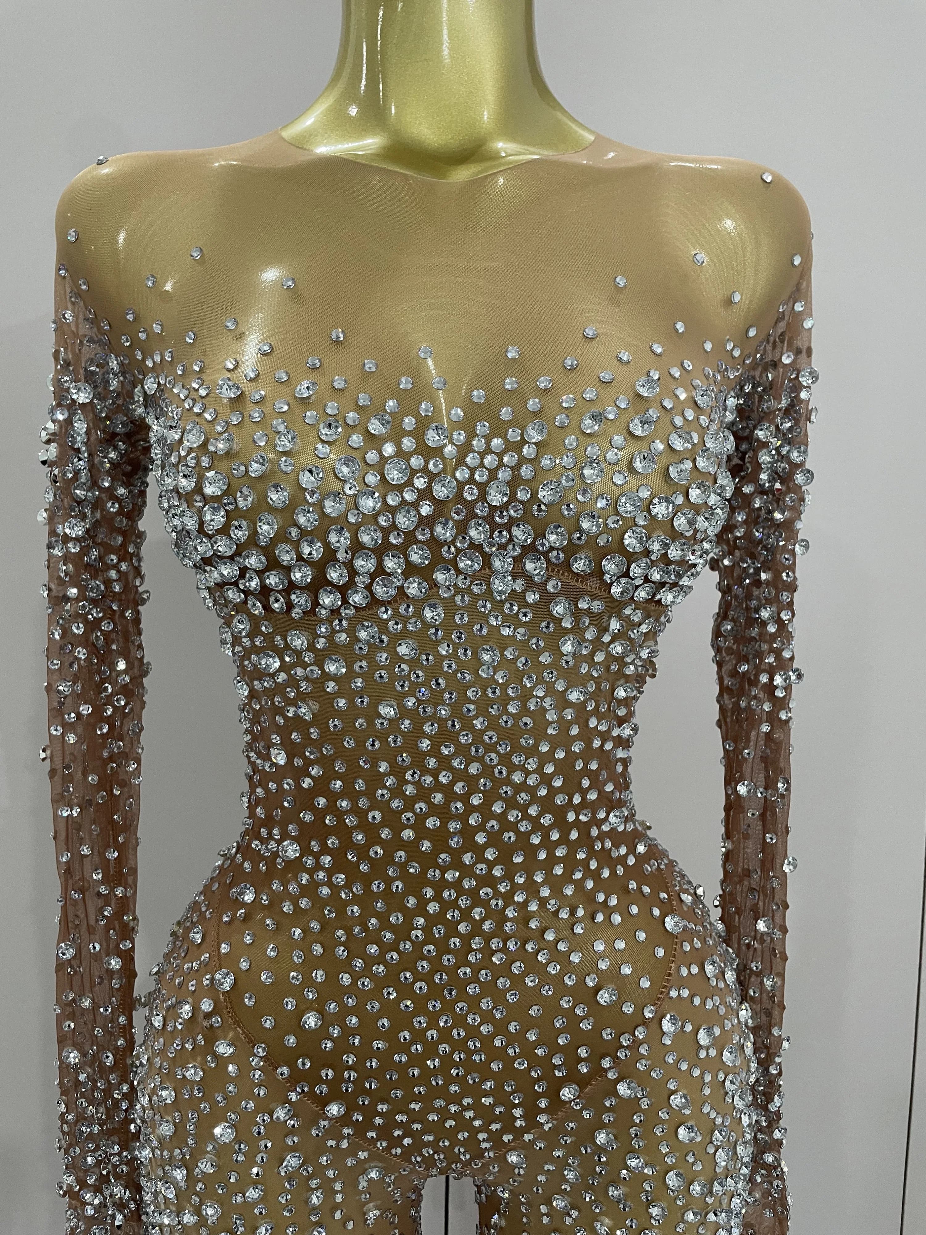 Combinaison de luxe en maille transparente pour femmes, strass scintillants, Sexy, moulante, robe d'