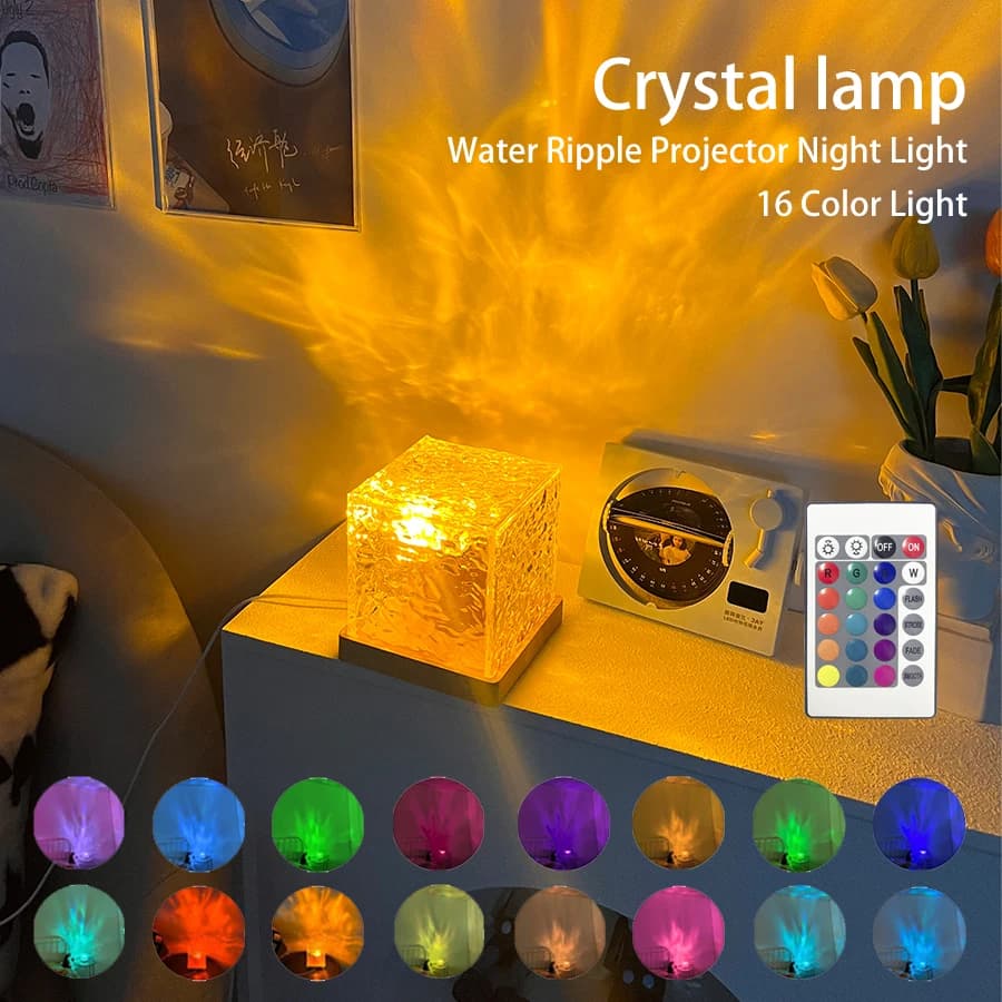 Projecteur d'ondulation d'eau rotatif dynamique, veilleuse 3/16 couleurs, lampe en cristal de flamme