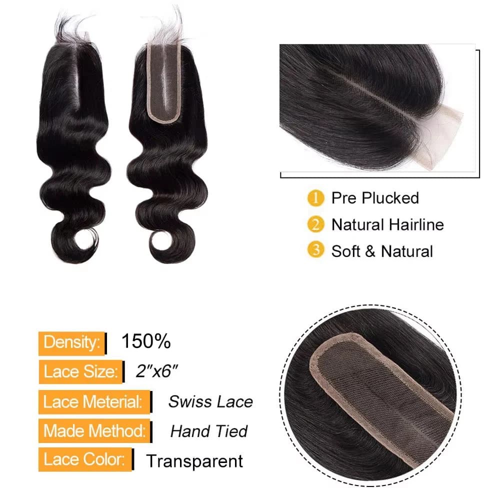 Fermeture de dentelle droite 2 × 6 cheveux humains vierges brésiliens vague de corps 2x6 fermeture d