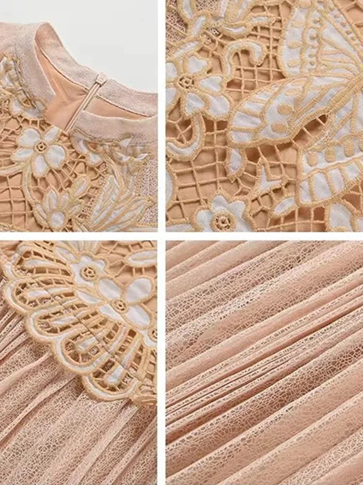 Robe brodée en dentelle évidée pour femme, manches courtes, patchwork, taille fine, longue, robe édu
