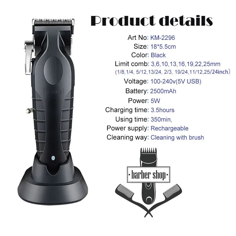 KM2296 Kemei Original professionnel Rechargeable tondeuse à cheveux réglable tondeuse à cheveux USB 