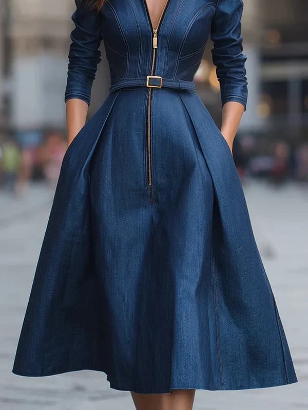 Modigirl femme bleu a-ligne robes 2025 printemps automne nouveau plissé taille haute poches fermetur