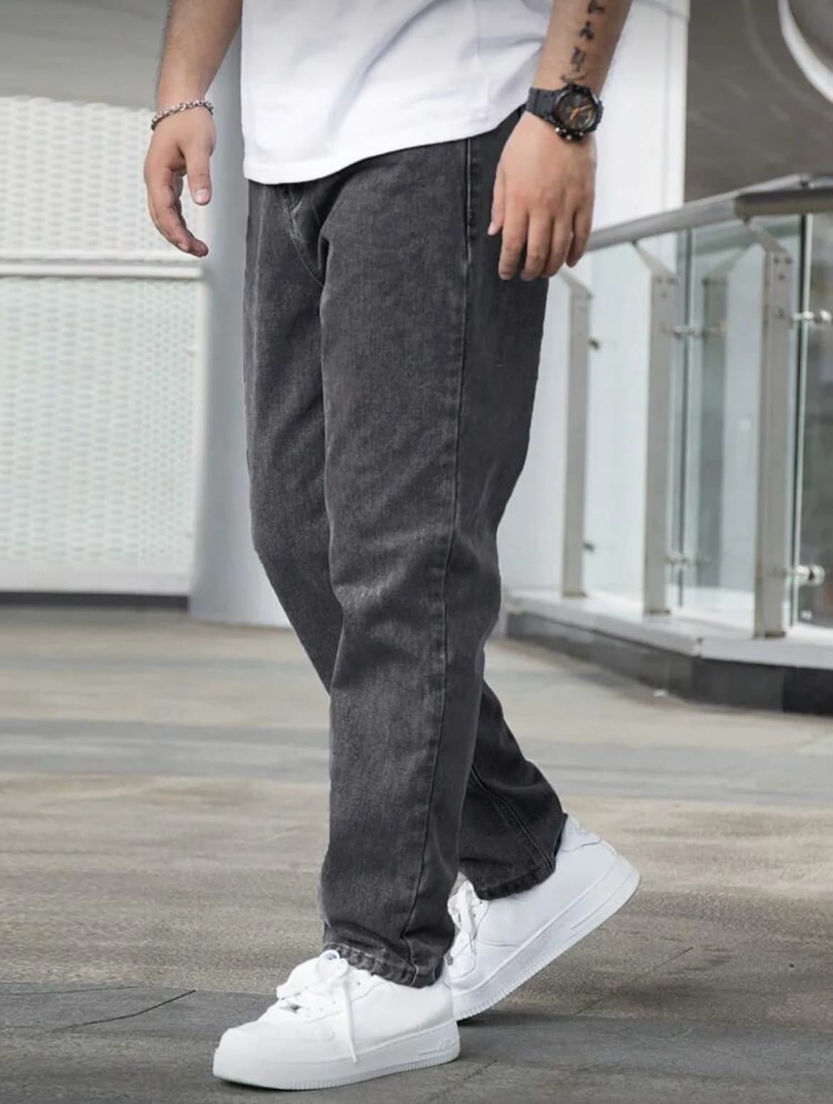 Jean droit ample pour hommes, délavé gris foncé Vintage, tenue quotidienne décontractée, confortable