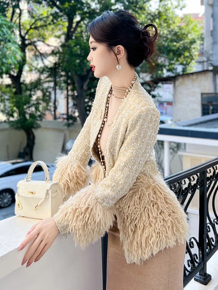 Vestes de luxe élégantes pour femmes, manteau à bandes avec ceinture en fourrure artificielle en Twe