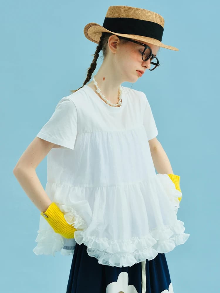 Imakokoni – T-shirt blanc pour femmes, haut en maille avec épissure sur les épaules sur le devant, D
