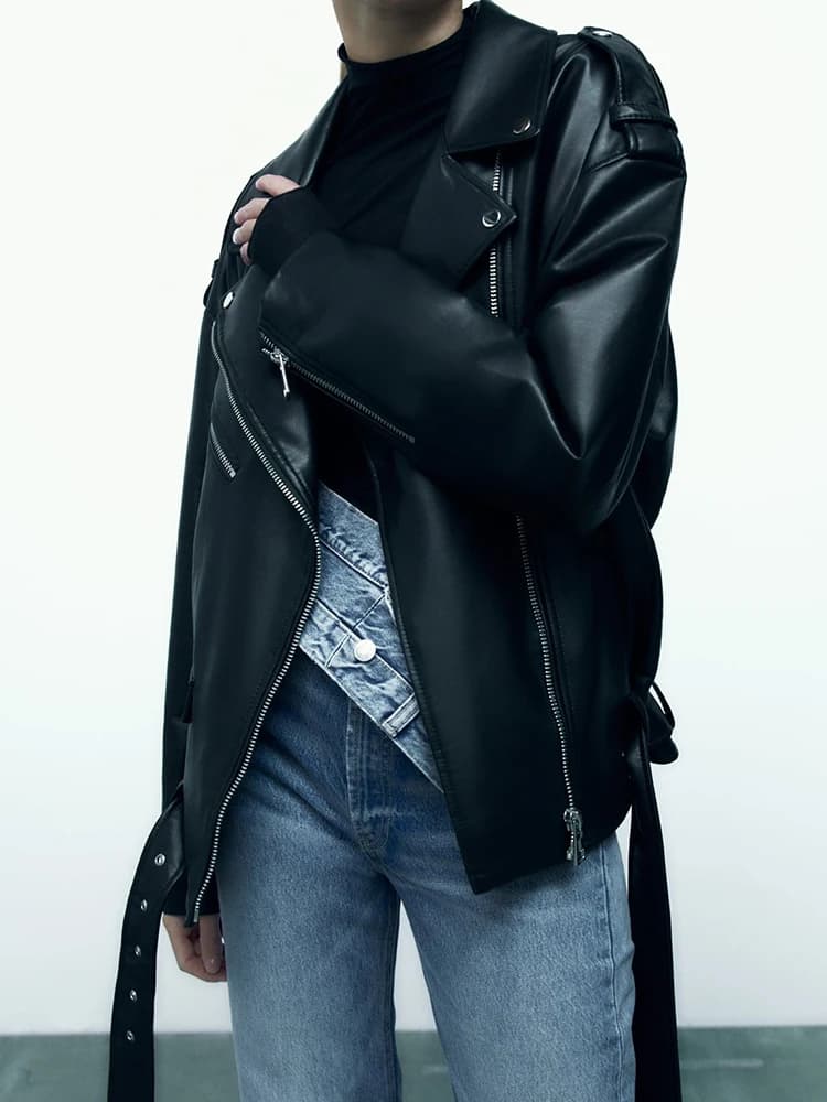 Ailegogo femmes ample moto motard noir Pu Faux cuir veste avec ceinture printemps automne femme mant