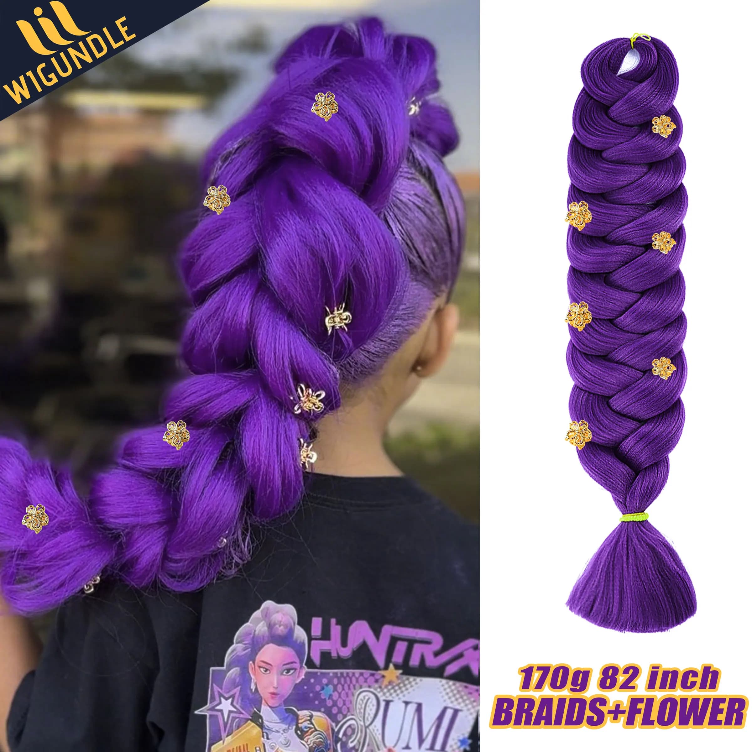 Tresse violette de 82 pouces de long avec fleur pour enfants et filles, queue de cheval synthétique 