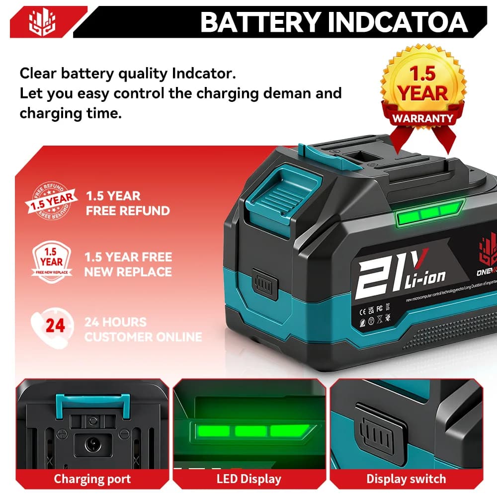 Batterie au lithium ONEVAN 22500mAh 15000mAh avec indicateur de capacité rechargeable pour outils él