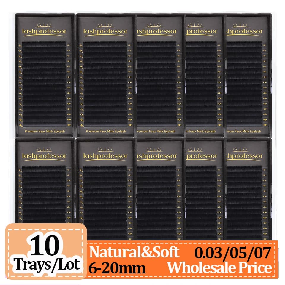 Lot de 10 plateaux d'extensions de cils en cachemire, noir mat, volume individuel, 5-25mm, 0.03 0.05