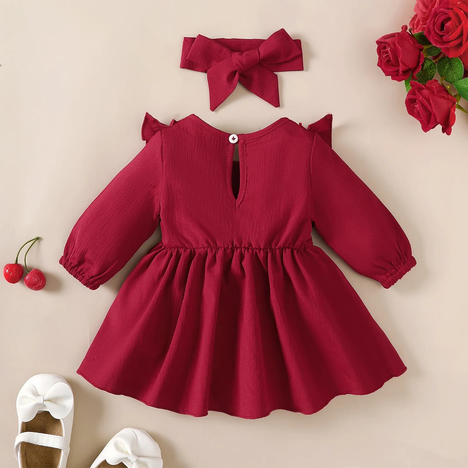 Robe d'automne pour bébé fille, bords et nœud à volants, robe à manches longues + bandeau pour 0-18 