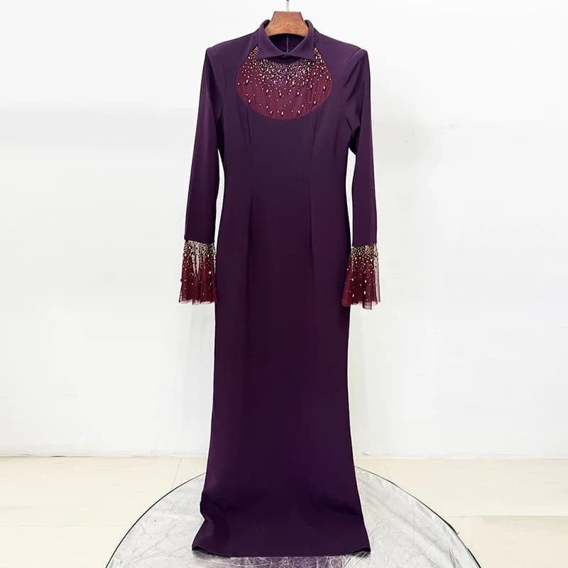 Nouvelle Collection 2026 – Robe Longue de Créateur pour Femme avec Col à Revers, Maille Patchwork, D