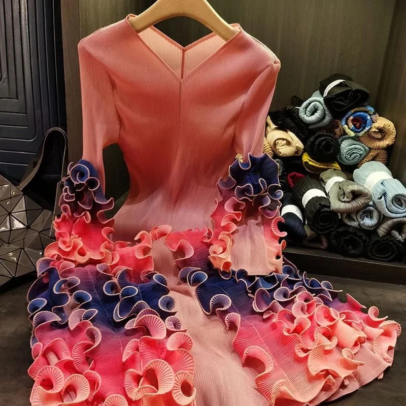 ANLAN mode col en v robe pliée pour les femmes 2025 nouveau Design de haute qualité coloré lisière f