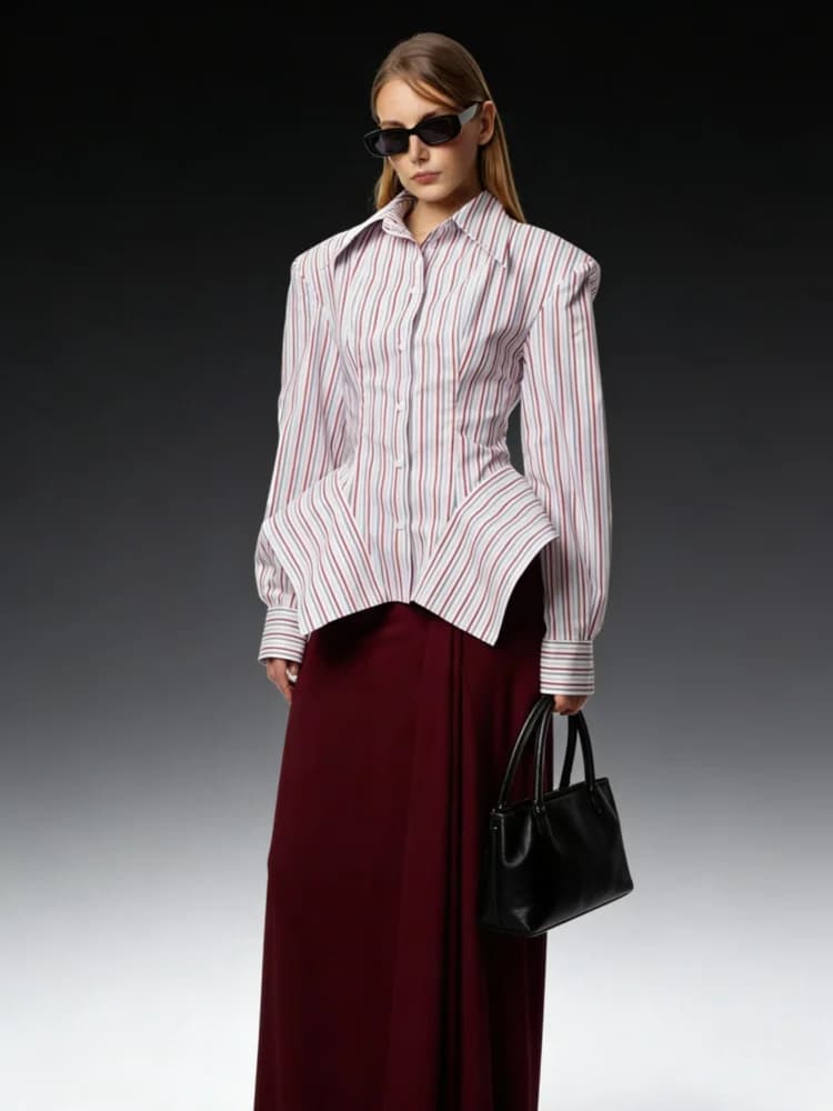 Chemisier rayé élégant DFDG pour femme, collection Printemps-Été 2026, col pointu, manches longues, 
