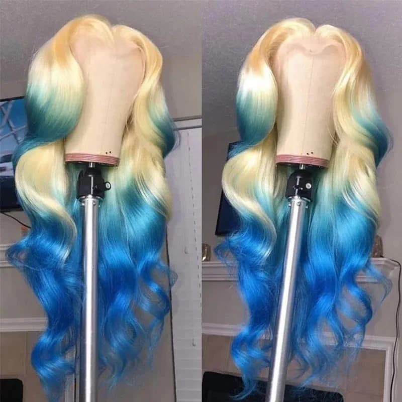 Perruque Lace Frontal Wig synthétique Body Wave à reflets bleus, blond ombré, 13x4 HD, haute qualité