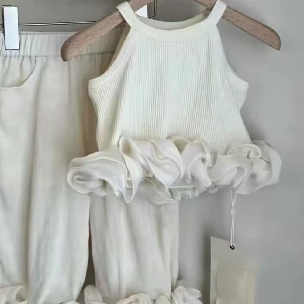 Nouvel ensemble d'été pour filles de 2 à 7 ans : haut sans manches à col rond en dentelle de couleur